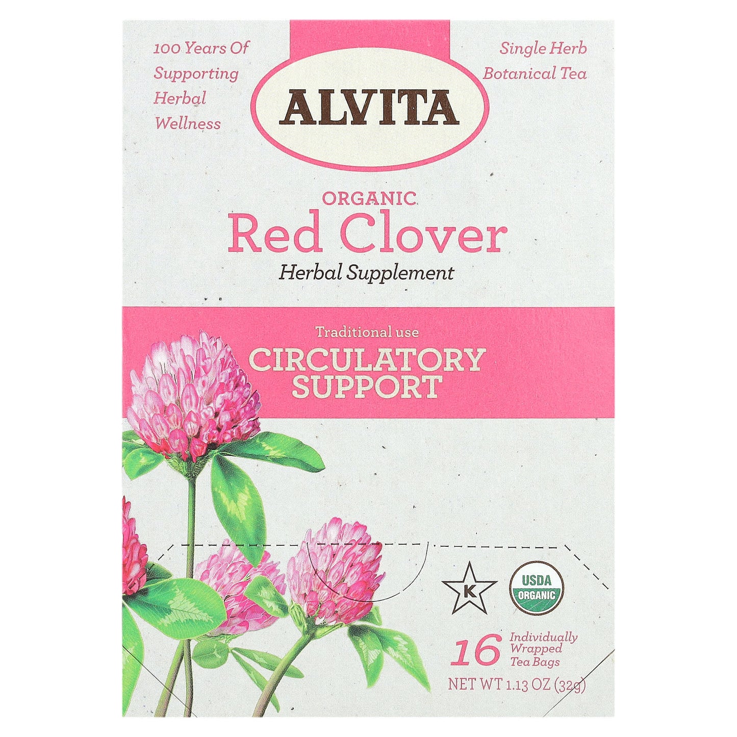 Alvita Teas-Organic Botanical Tea-Red Clover-Caffeine Free-16 Individually Wrapped Tea Bags-1.13 oz (32 g)