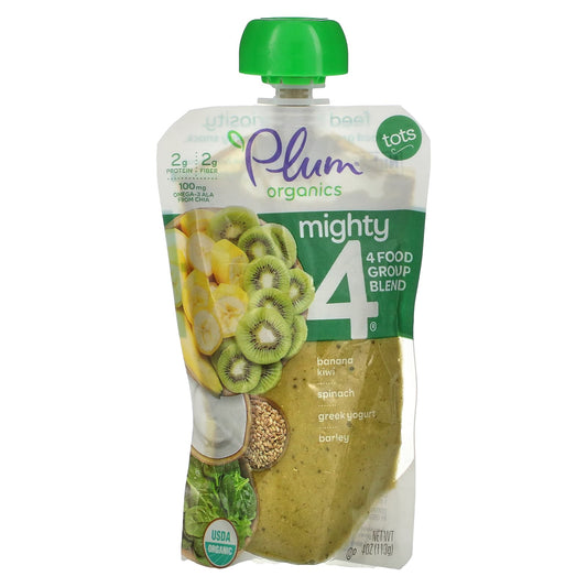 Plum Organics-Mighty 4-4 Food Group Blend-Tots-Banana-Kiwi-Spinach-Greek Yogurt-Barley-4 oz (113 g)