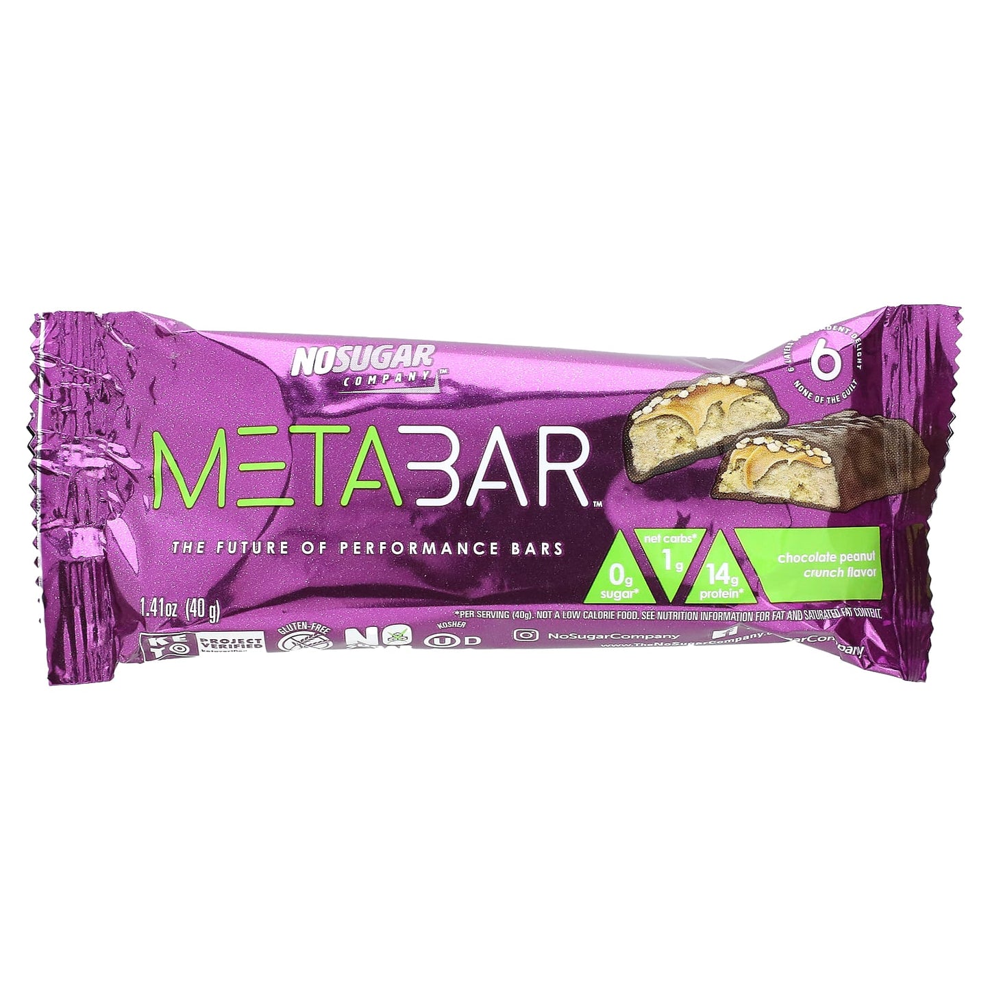 No Sugar Company, MetaBar, Chocolate Peanut Crunch, 12 Bars, 1.41 oz (40 g) Each