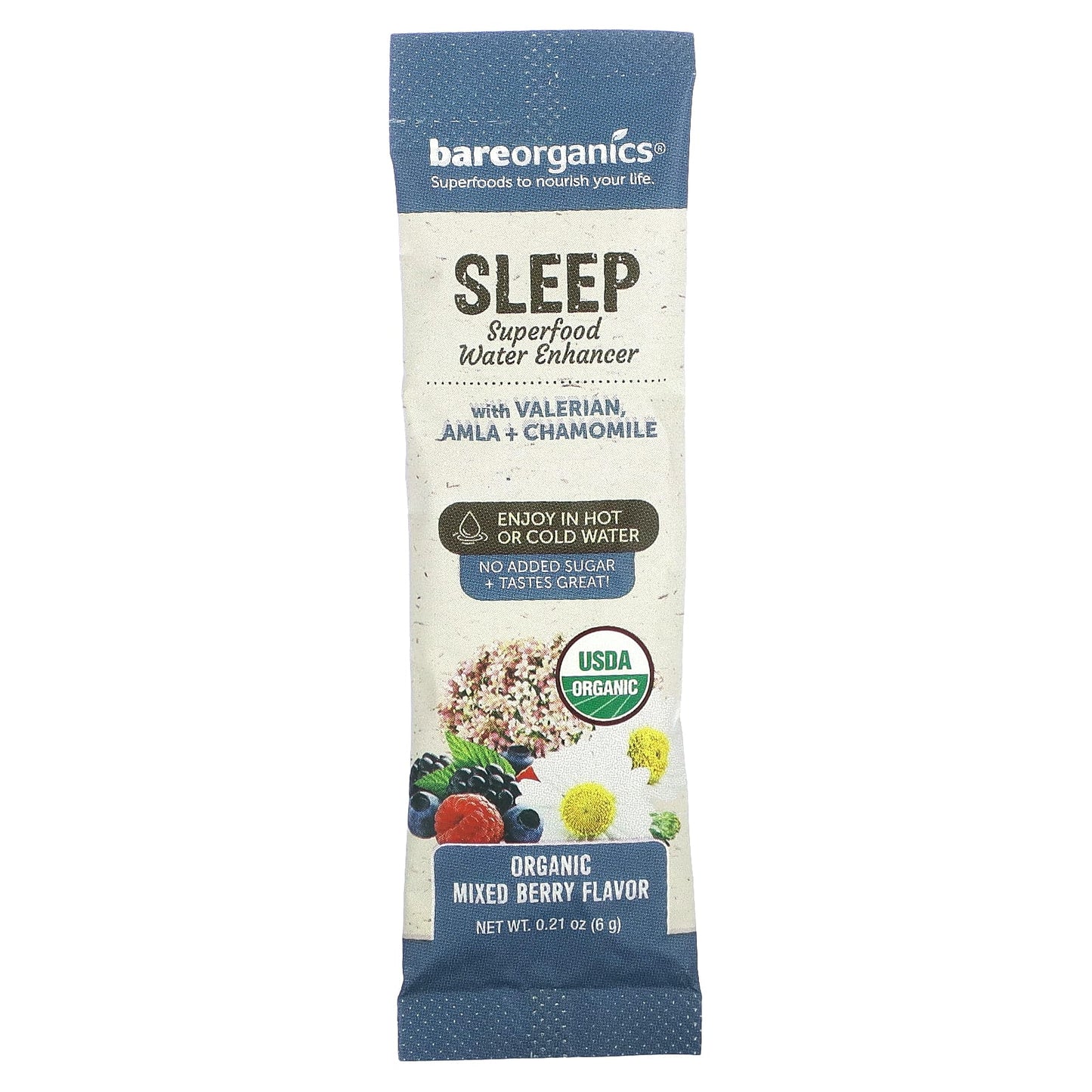 BareOrganics, Sleep, Superfood Water Enhancer, Organic Mixed Berry, 5 Stick Packets, 0.21 oz (6 g) Each