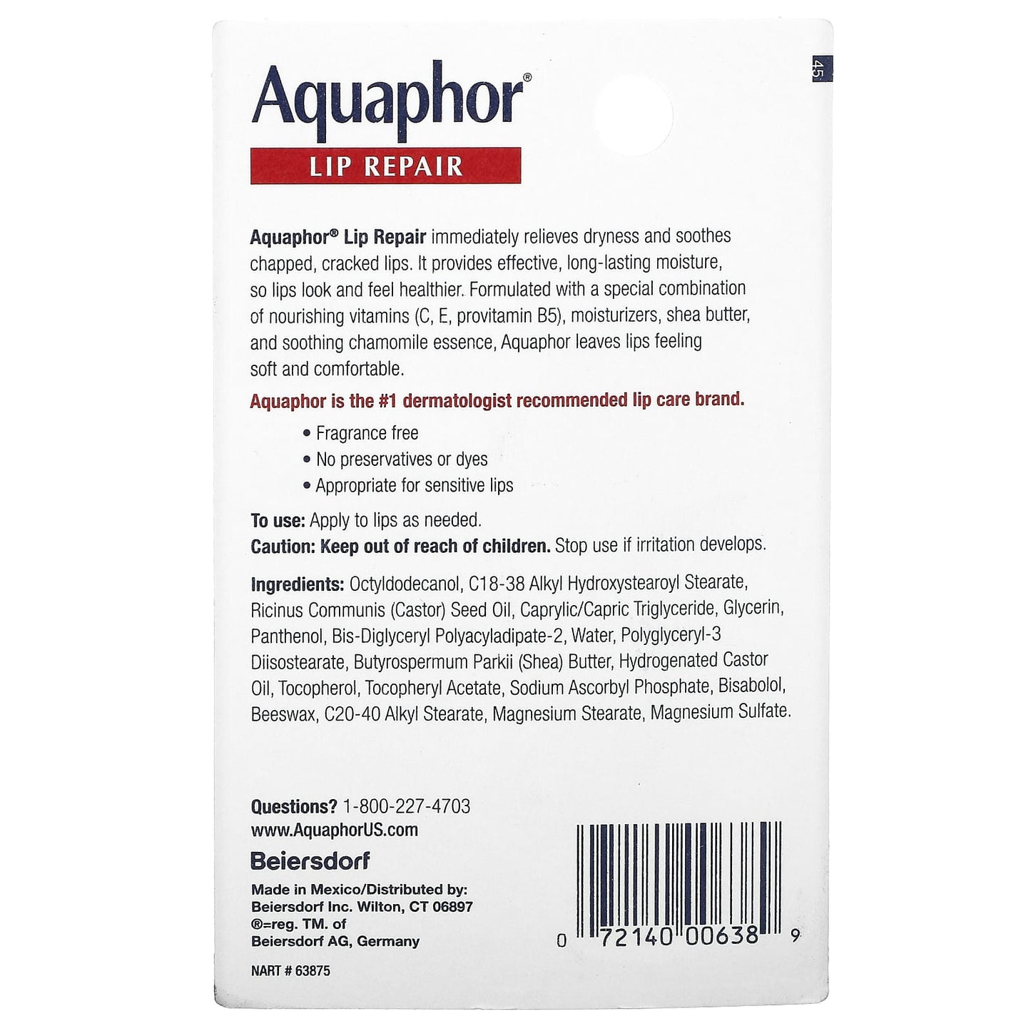 Aquaphor, Lip Repair, Immediate Relief, Fragrance Free, 0.35 fl oz (10 ml)