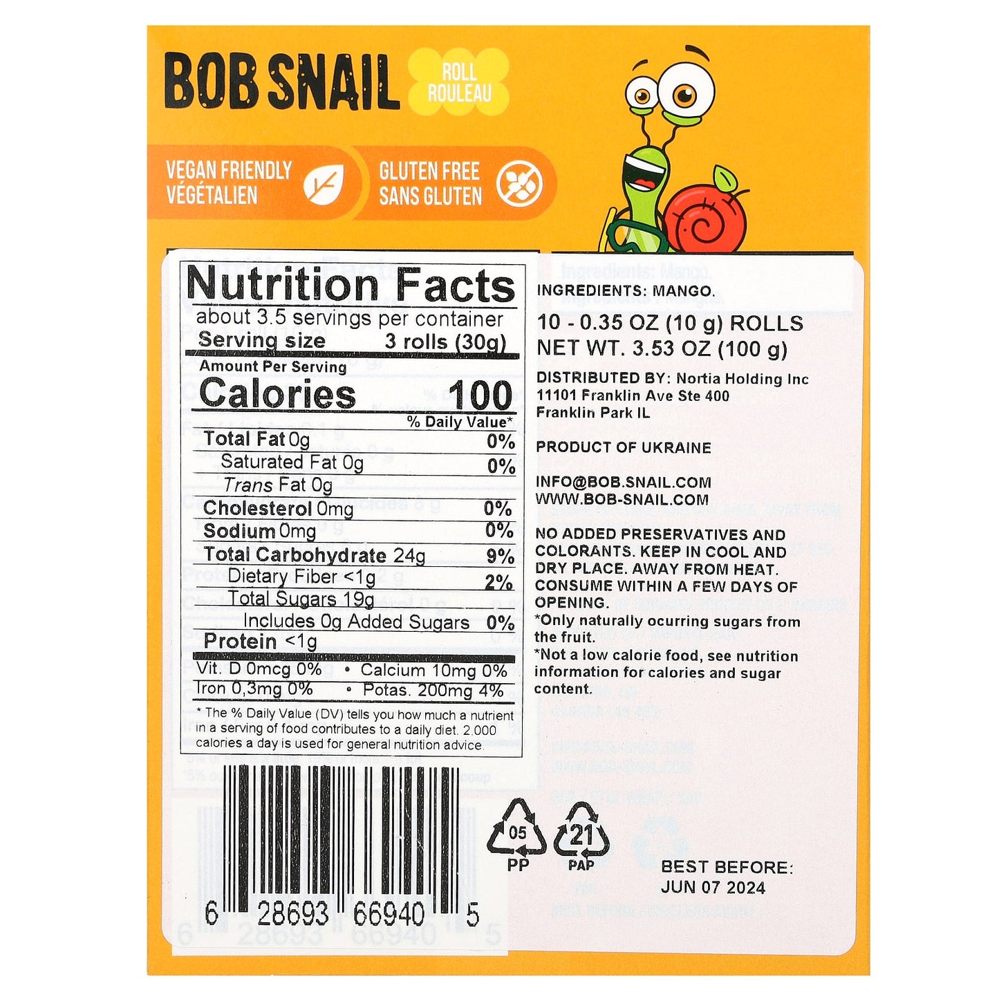 Bob Snail, Fruit Rolls, Mango, 10 Rolls, 0.35 oz (10 g) Each