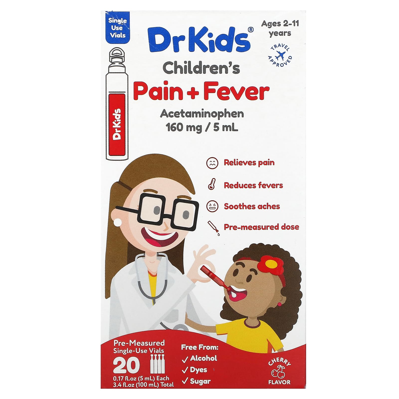 DrKids-Children's Pain + Fever-Ages 2-11 Years-Cherry-20 Pre-Measured Single-Use Vials-0.17 fl oz (5 ml) Each