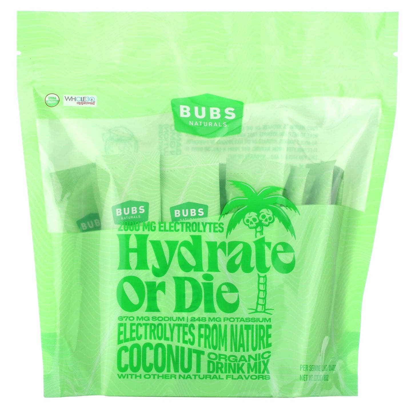 BUBS Naturals-Hydrate or Die-Organic Electrolyte Drink Mix-Coconut-18 Sticks-0.4 oz (12.6 g) Each