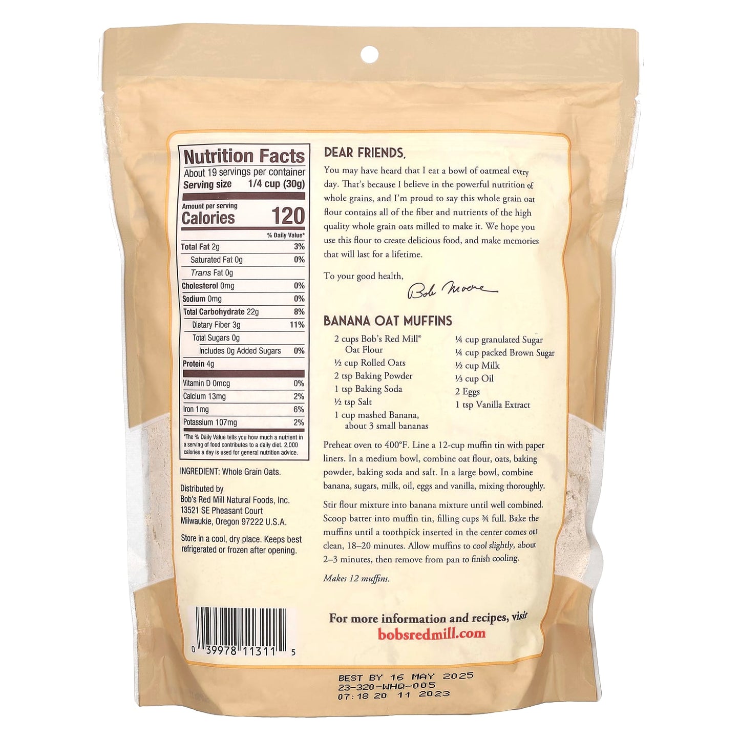 Bob's Red Mill, Oat Flour, Whole Grain, 20 oz (567 g)